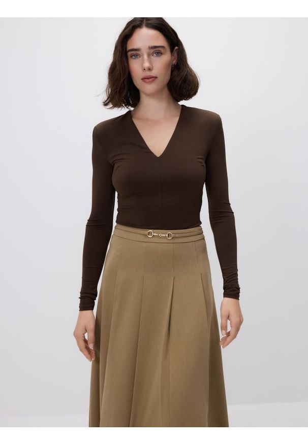 Reserved - Body z długim rękawem - ciemnobrązowy. Kolor: brązowy. Materiał: dzianina. Długość rękawa: długi rękaw. Długość: długie