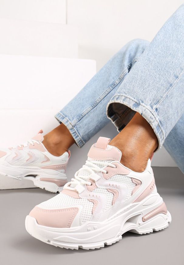 Renee - Biało-Różowe Sneakersy na Grubej Podeszwie z Metalicznymi Wstawkami Seta. Okazja: na co dzień. Kolor: różowy