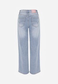 Renee - Niebieskie Szerokie Jeansy Ozdobione Nitami High Waist z Bawełną Typhele. Okazja: na co dzień. Stan: podwyższony. Kolor: niebieski. Wzór: aplikacja. Sezon: wiosna. Styl: casual, klasyczny #5