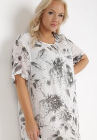 Born2be - Biało-Szara Sukienka z Bawełny Sebaestus. Okazja: na co dzień. Kolekcja: plus size. Kolor: biały. Materiał: bawełna. Wzór: kwiaty. Typ sukienki: dla puszystych, proste. Styl: casual, wakacyjny, klasyczny. Długość: midi #5