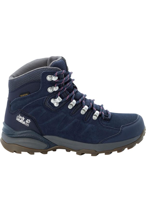 Buty trekkingowe damskie Jack Wolfskin Refugio Texapore Mid. Kolor: wielokolorowy, niebieski, czarny. Materiał: tkanina, skóra. Styl: sportowy
