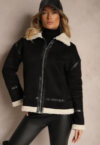 Renee - Czarna Kurtka z Ekozamszu o Prostym Kroju z Kołnierzykiem i Futerkiem Ninnova. Okazja: na co dzień. Kolor: czarny. Materiał: futro. Styl: elegancki, casual #4