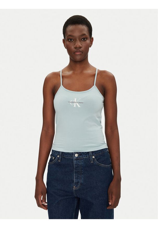 Calvin Klein Jeans Top Monologo J20J223105 Niebieski Slim Fit. Kolor: niebieski. Materiał: bawełna