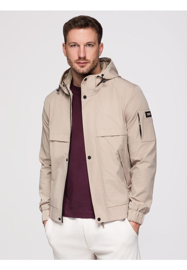Ombre Clothing - Funkcjonalna męska kurtka przejściowa z kapturem – beżowa V3 - Rozmiar: L. Okazja: na co dzień. Typ kołnierza: kaptur. Kolor: beżowy. Materiał: materiał, tkanina, poliester. Wzór: gładki. Styl: casual