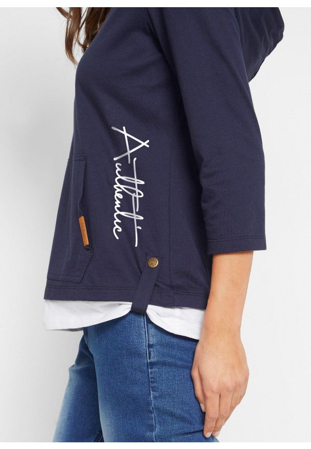 bonprix - Bluza z kapturem z czystej bawełny, rękawy 3/4. Typ kołnierza: kaptur. Kolor: niebieski. Materiał: bawełna