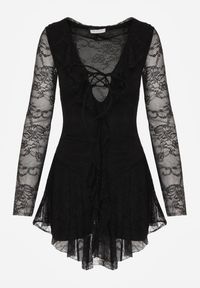 Born2be - Czarna Koronkowa Sukienka Wieczorowa z Wiązaniem przy Dekolcie Ferolena. Okazja: na imprezę. Kolor: czarny. Materiał: koronka. Styl: wizytowy #2