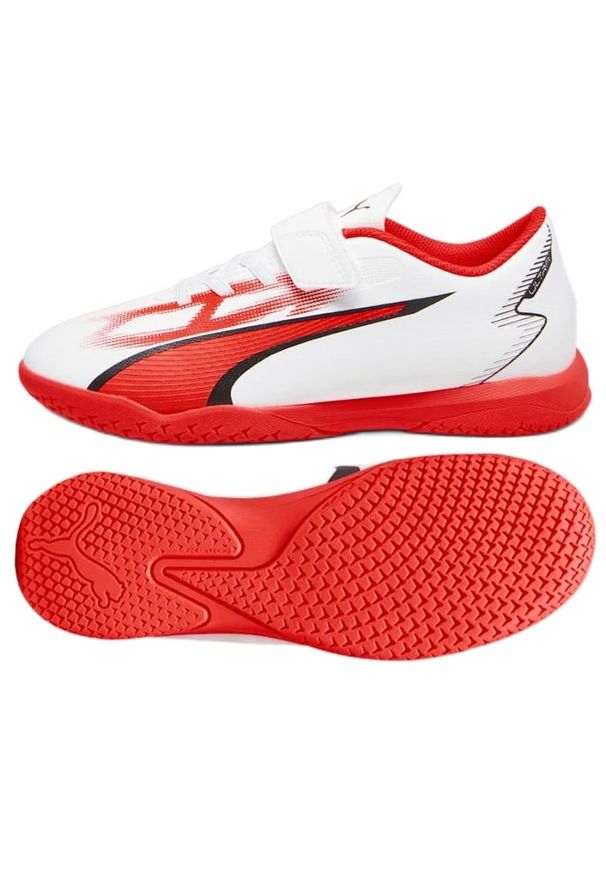 Buty piłkarskie Puma Ultra Play It V Jr 107538-01 białe. Zapięcie: rzepy. Kolor: biały. Materiał: syntetyk, guma. Sport: piłka nożna