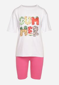 Born2be - Różowo-Biały Komplet z T-shirtem i Szortami Typu Kolarki Tiimavee. Kolor: różowy. Materiał: dzianina #5