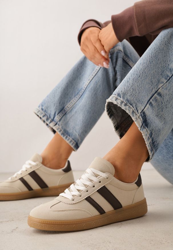 Born2be - Beżowo-Brązowe Sneakersy na Kauczukowej Podeszwie z Geometrycznym Motywem Vikioria. Okazja: na co dzień. Kolor: beżowy. Materiał: kauczuk. Wzór: geometria