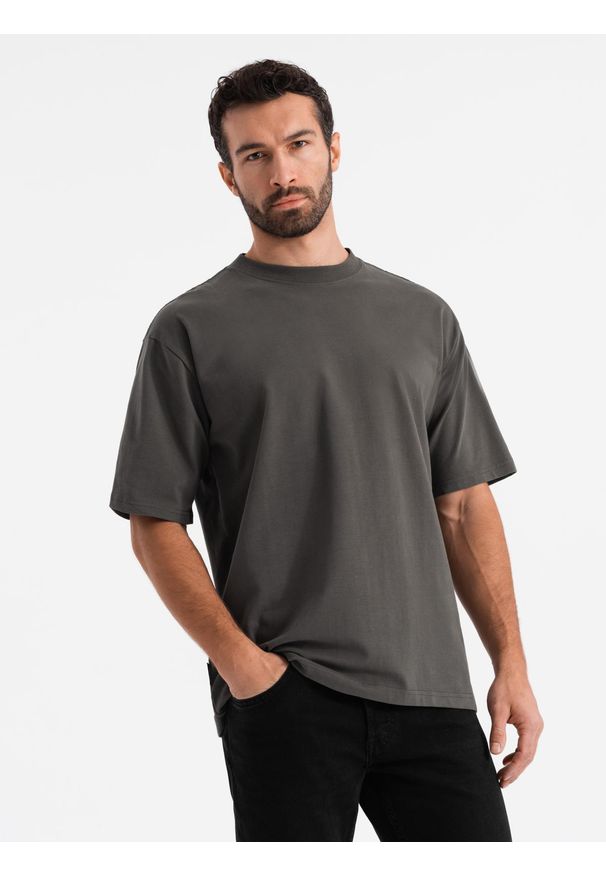 Ombre Clothing - Męski t-shirt bawełniany LOOSE FIT z okrągłym dekoltem – szarozielony V3. Okazja: na co dzień. Kolor: zielony. Materiał: bawełna. Styl: casual