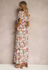Renee - Biało-Różowa Rozkloszowana Sukienka z Bawełny o Kopertowym Kroju w Print Paisley Piavella. Okazja: na co dzień. Kolor: biały. Materiał: bawełna. Wzór: paisley, nadruk. Typ sukienki: kopertowe. Styl: elegancki, casual #3