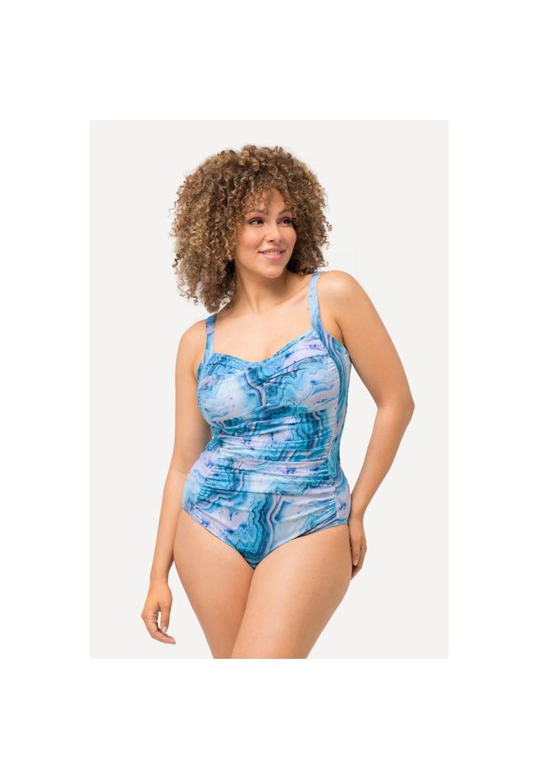 ULLA POPKEN - Damski Strój kąpielowy marmurkowy wzór drapowany miękkie miseczki. Kolekcja: plus size. Kolor: niebieski. Materiał: poliester