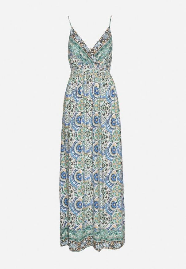 Born2be - Zielono-Niebieska Wiskozowa Sukienka Boho na Ramiączkach z Gumką w Pasie Elorea. Kolor: zielony. Materiał: wiskoza. Długość rękawa: na ramiączkach. Sezon: lato. Styl: boho