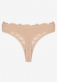 Born2be - Beżowe Koronkowe Majtki Stringi z Bawełny Venalora. Kolor: beżowy. Materiał: koronka, bawełna #2