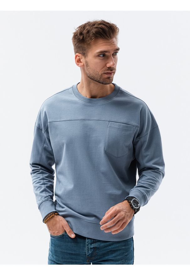Ombre Clothing - Bluza męska bez kaptura z kieszonką - niebieska V8 - Rozmiar: M. Typ kołnierza: bez kaptura. Kolor: niebieski. Materiał: bawełna