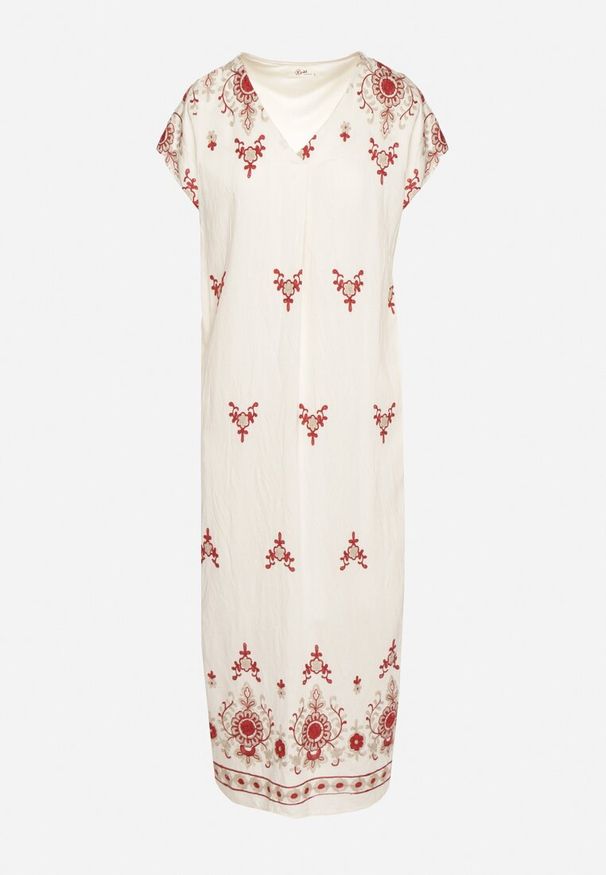 Born2be - Biało-Czerwona Wiskozowa Sukienka Pudełkowa z Ornamentnym Wzorem Melosea. Okazja: na co dzień. Kolor: biały. Materiał: wiskoza. Styl: casual, elegancki