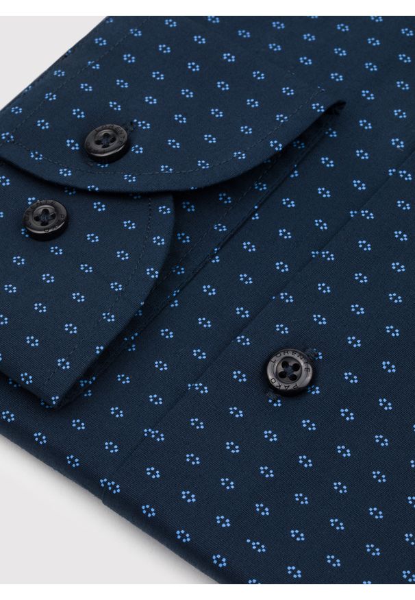 Pako Lorente - PAKO LORENTE – Granatowa koszula męska w mikrowzór. Kolor: niebieski. Materiał: elastan, bawełna. Długość rękawa: długi rękaw. Długość: długie. Sezon: wiosna, lato