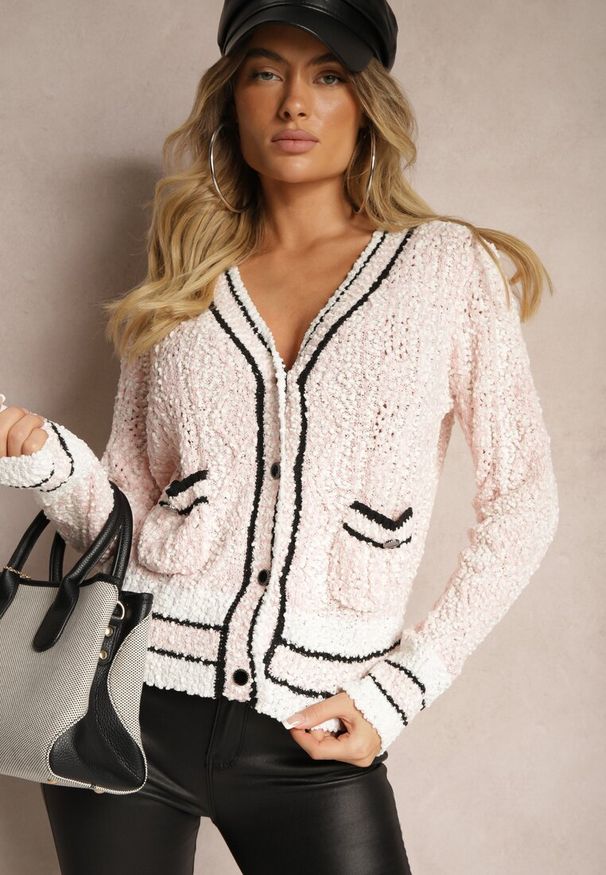 Renee - Różowy Kardigan z Wiskozą na Guziki z Paskami Liathalie. Okazja: na co dzień. Kolor: różowy. Materiał: wiskoza. Styl: klasyczny, casual, elegancki