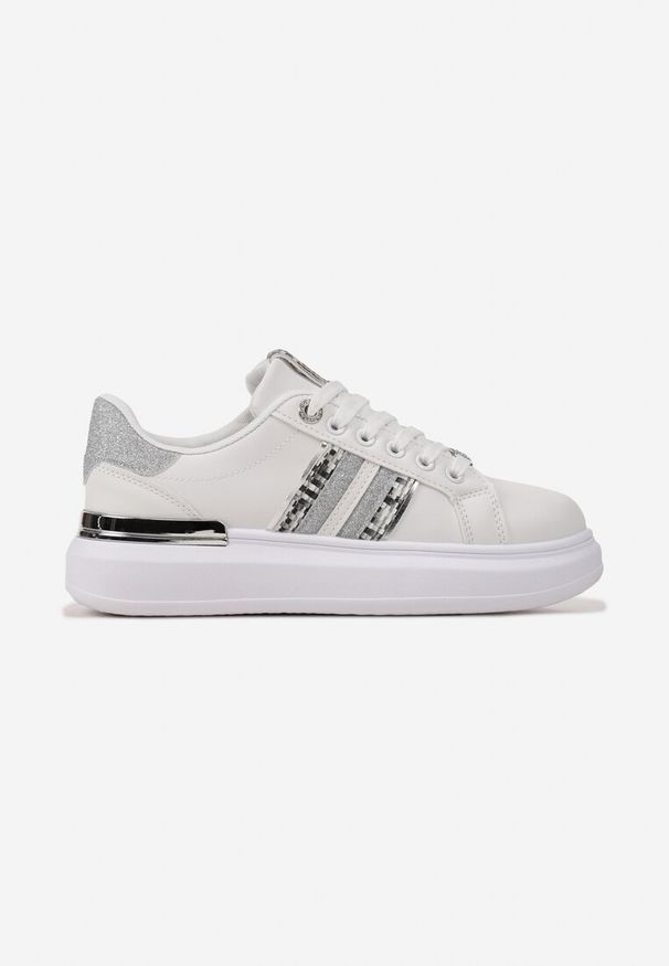 Born2be - Biało-Srebrne Sneakersy na Platformie z Brokatowymi Wstawkami Railawa. Nosek buta: okrągły. Zapięcie: sznurówki. Kolor: biały. Materiał: materiał. Obcas: na platformie. Wysokość obcasa: niski