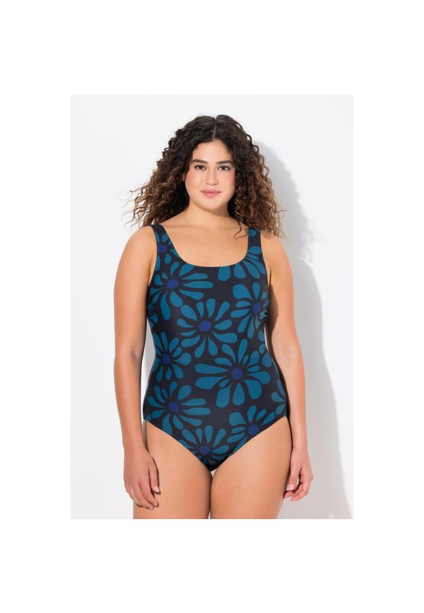 ULLA POPKEN - Damskie Kostium kąpielowy kwiaty bez miękkich miseczek okrągły dekolt. Kolekcja: plus size. Kolor: czarny. Materiał: poliamid, materiał, elastan. Wzór: kwiaty