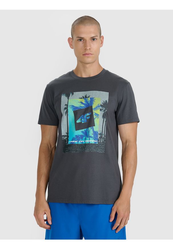 4f - 4F T-shirt regular z nadrukiem męski - szary XXL. Okazja: na co dzień. Kolor: szary. Materiał: jersey, materiał, bawełna. Wzór: nadruk. Sezon: lato. Styl: sportowy, klasyczny, casual