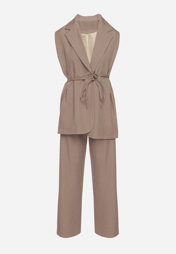 Born2be - Jasnobrązowy Komplet Garniturowy Wiązana Kamizelka i Szerokie Spodnie Davionis. Kolor: brązowy