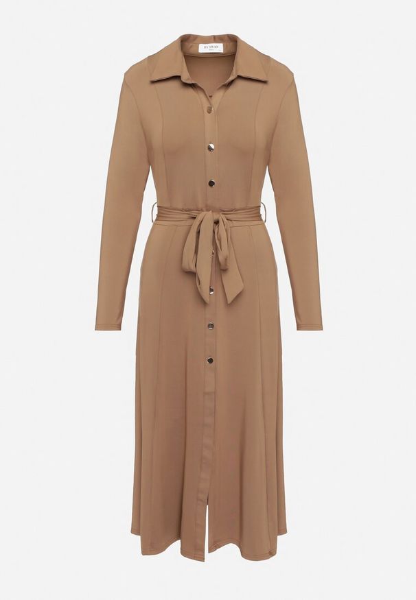 Born2be - Ciemnobeżowa Sukienka Maxi o Koszulowym Fasonie z Wiązaniem mZynlee. Okazja: na co dzień. Kolor: brązowy. Materiał: wiskoza. Typ sukienki: koszulowe. Styl: elegancki, casual, klasyczny. Długość: maxi