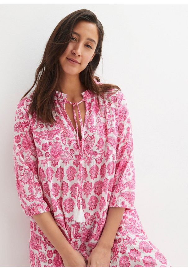 bonprix - Długa sukienka z bawełny kreszowanej z kieszeniami i rękawami 3/4. Kolor: biały. Materiał: bawełna. Długość: maxi