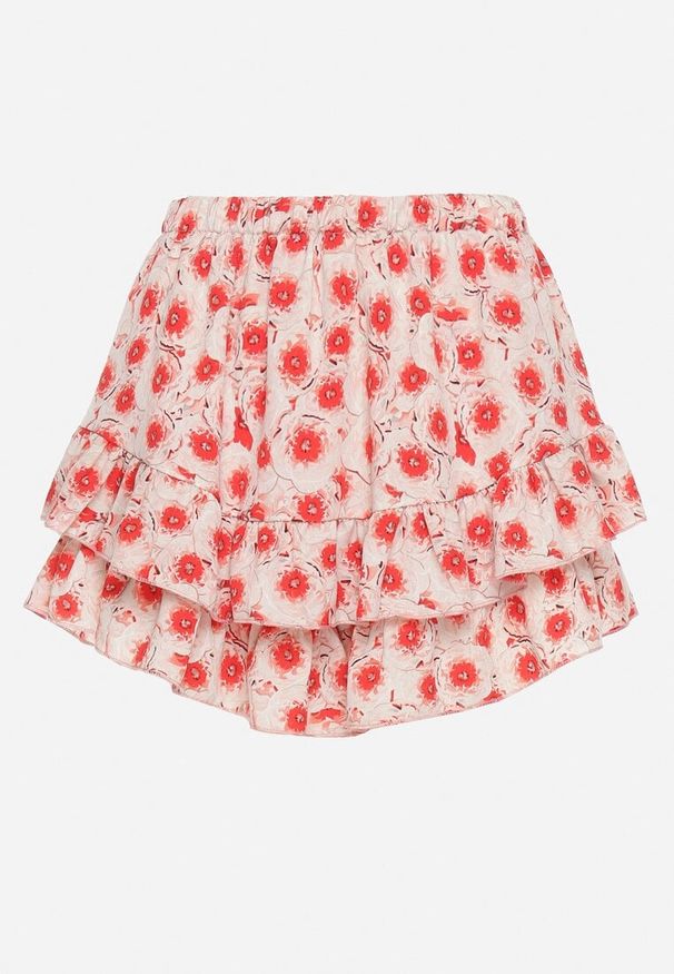 Born2be - Beżowo-Czerwone Szorty Spódnica o Luźnym Kroju z Ozdobnymi Falbankami Ebilinia. Kolor: beżowy. Materiał: materiał, jedwab. Styl: elegancki