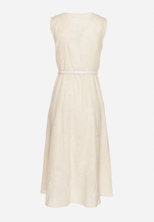 Born2be - Jasnobeżowa Sukienka Rozkloszowana z Wiskozą z Dodatkowym Paskiem z Klamrą Seliora. Okazja: na co dzień. Typ kołnierza: dekolt w serek. Kolor: beżowy. Materiał: wiskoza. Typ sukienki: rozkloszowane. Styl: elegancki, casual. Długość: midi