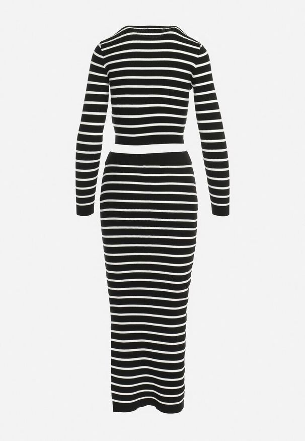 Born2be - Czarno-Biały Dzianinowy Komplet w Paski Sweter i Ołówkowa Spódnica Midi Alalnine. Kolor: czarny. Materiał: dzianina. Wzór: paski