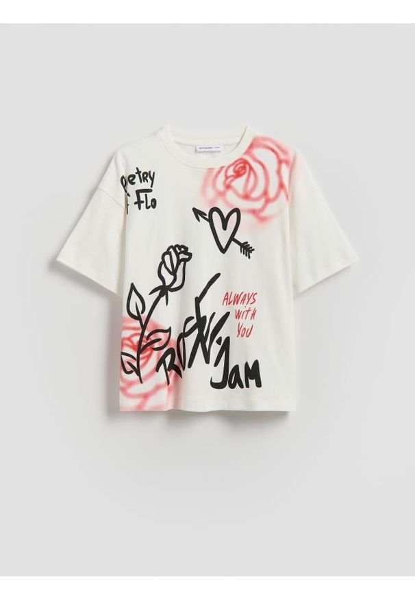 Reserved - T-shirt z nadrukiem - złamana biel. Materiał: bawełna. Wzór: nadruk