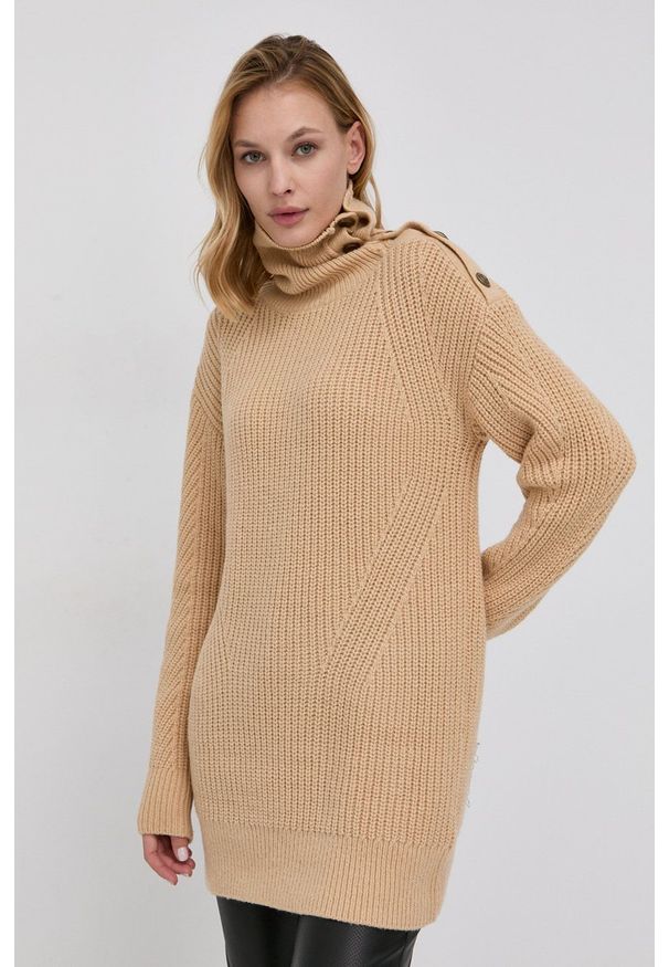 Marciano Guess Sweter z domieszką wełny damski z golfem. Okazja: na co dzień. Typ kołnierza: golf. Kolor: beżowy. Materiał: wełna. Długość rękawa: długi rękaw. Długość: długie. Styl: casual