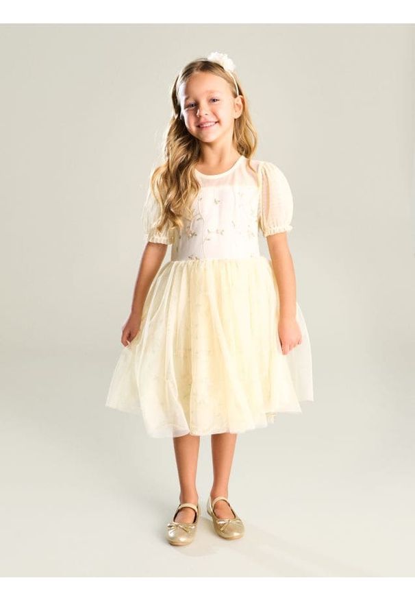 Sinsay - Tiulowa sukienka babydoll z haftowanym wzorem - beżowy. Kolor: beżowy. Materiał: tiul. Wzór: haft