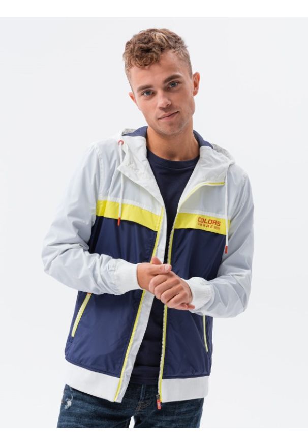 Ombre Clothing - Kurtka męska wiatrówka z kapturem - granatowa V1 - Rozmiar: L. Typ kołnierza: kaptur. Kolor: niebieski. Materiał: poliester