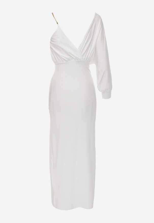 Born2be - Biała Asymetryczna Sukienka Maxi na Jedno Ramię z Łańcuszkiem Przy Ramieniu Kesilli. Kolor: biały. Materiał: wiskoza. Sezon: lato. Typ sukienki: asymetryczne. Styl: elegancki. Długość: maxi