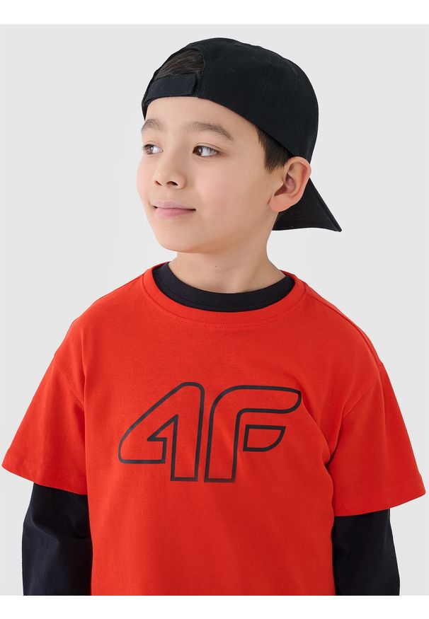 4f - 4F T-shirt z nadrukiem chłopięcy - pomarańczowy 140 (9-10 lat). Okazja: na co dzień. Kolor: pomarańczowy. Materiał: dzianina, jersey, bawełna. Długość rękawa: krótki rękaw. Długość: krótkie. Wzór: nadruk. Sezon: lato. Styl: casual, klasyczny, sportowy