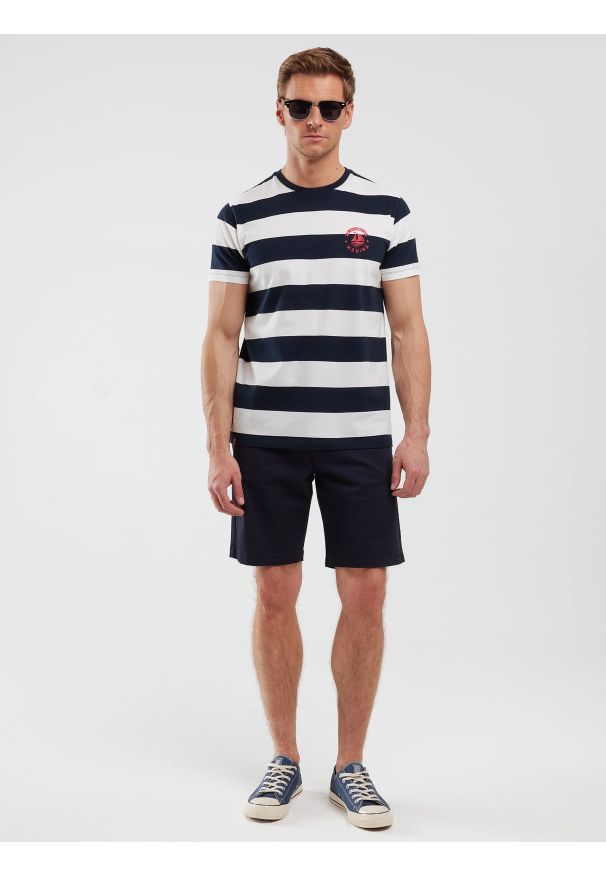 Big-Star - Koszulka męska w paski biało-granatowa Remir 403. Okazja: na co dzień. Kolor: niebieski. Materiał: skóra, dzianina, bawełna, jeans. Wzór: paski. Sezon: lato. Styl: casual, retro, sportowy