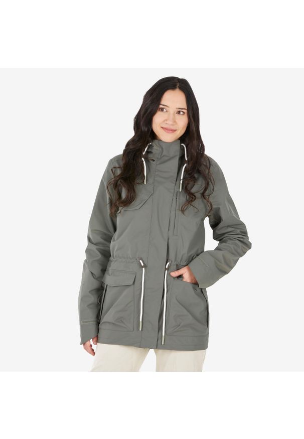 quechua - Kurtka turystyczna damska Quechua NH500 wodoodporna. Kolor: wielokolorowy, zielony, brązowy. Materiał: poliamid, poliester, materiał. Sport: turystyka piesza