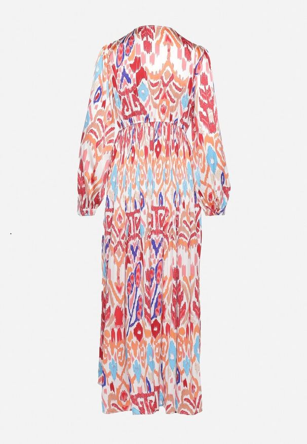 Born2be - Bordowo-Beżowa Sukienka Maxi z Wzorem Etno i Gumką w Talii Junimiza. Kolor: czerwony. Materiał: tkanina. Styl: etno. Długość: maxi