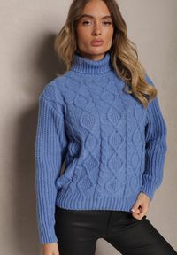 Renee - Niebieski Golf z Wełną ze Ściągaczem i Ozdobnym Splotem Miarenn. Okazja: na co dzień. Typ kołnierza: golf. Kolor: niebieski. Materiał: wełna. Długość rękawa: długi rękaw. Długość: długie. Wzór: ze splotem. Styl: casual, klasyczny