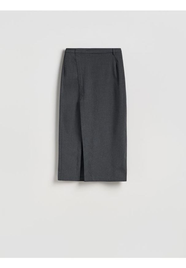 Reserved - Spódnica midi z rozcięciem - szary. Kolor: szary. Materiał: tkanina, wiskoza