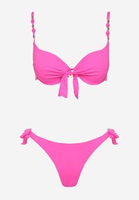 Renee - Fuksjowe Bikini Majtki i Biustonosz z Wiązaniem Sadeenne. Kolor: różowy. Wzór: aplikacja