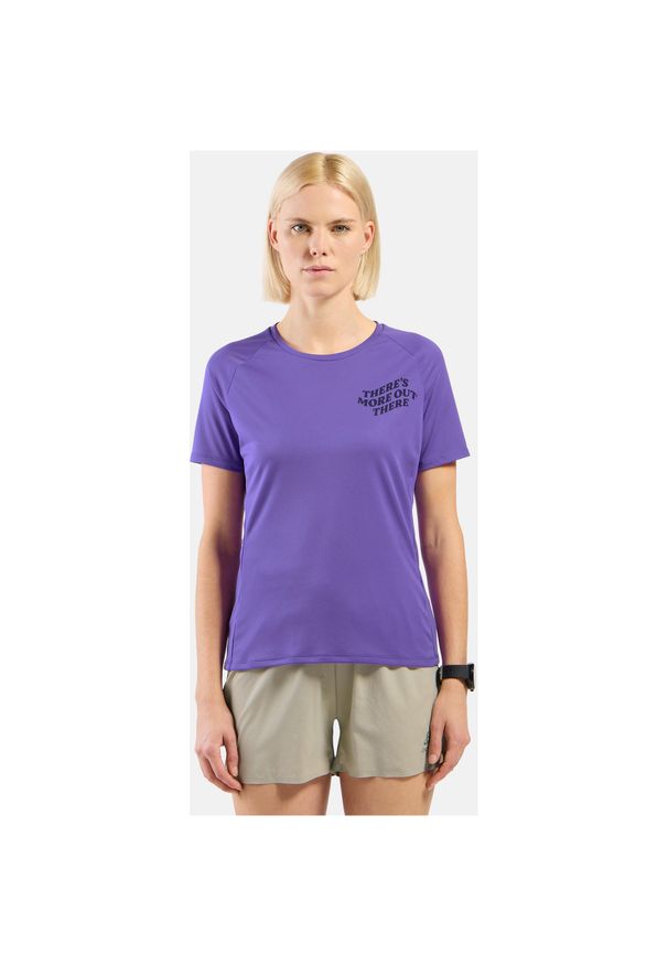 Koszulka damska Odlo ESSENTIAL PRINT T-shirt crew neck s/s. Kolor: fioletowy. Długość rękawa: długi rękaw. Wzór: nadruk