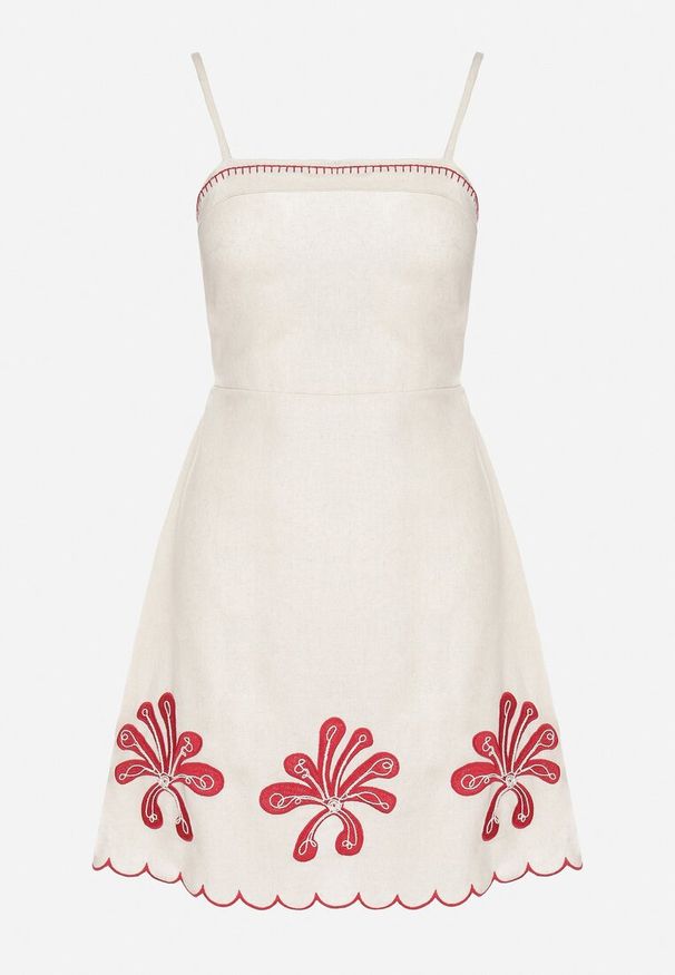 Born2be - Beżowa Sukienka z Bawełny Ozdobiona Haftem Juliorea. Okazja: na co dzień. Kolor: beżowy. Materiał: bawełna. Długość rękawa: na ramiączkach. Wzór: aplikacja, haft. Styl: elegancki, casual