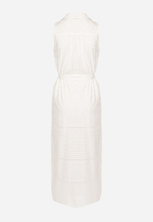 Born2be - Biała Bawełniana Sukienka Ażurowa o Koszulowym Kroju z Materiałowym Paskiem w Talii Vikiiana. Kolor: biały. Materiał: bawełna, materiał. Wzór: ażurowy. Typ sukienki: koszulowe. Styl: wizytowy, elegancki