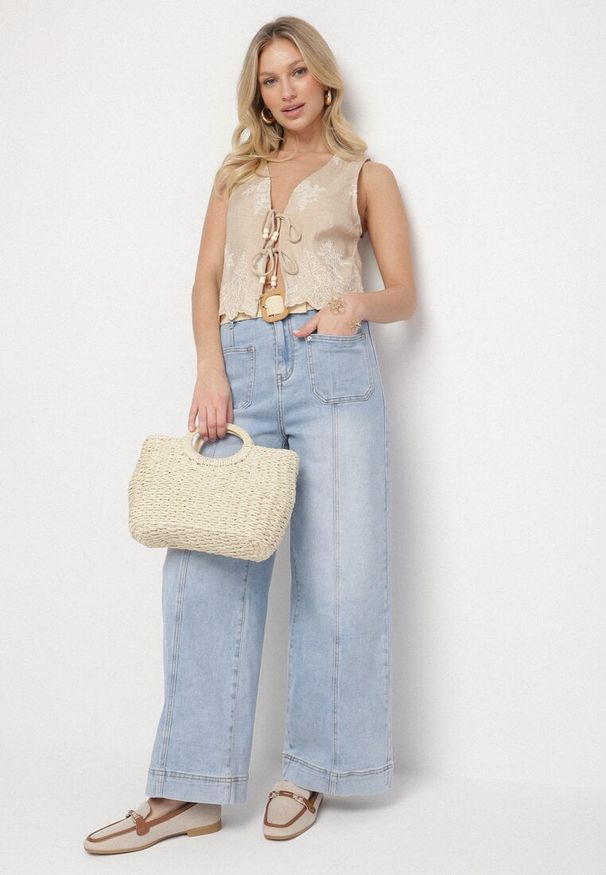 Born2be - Beżowa Kamizelka w Stylu Boho z Haftem i Wiązaniem z Koralikami Olreis. Okazja: na co dzień. Kolor: beżowy. Materiał: jeans, koronka. Wzór: haft. Sezon: wiosna, lato. Styl: boho