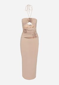 Born2be - Ciemnobeżowa Wiązana Midi Sukienka z Wycięciami i Aplikacjami z Materiału Cherice. Kolor: beżowy. Materiał: materiał. Wzór: aplikacja. Długość: midi #3