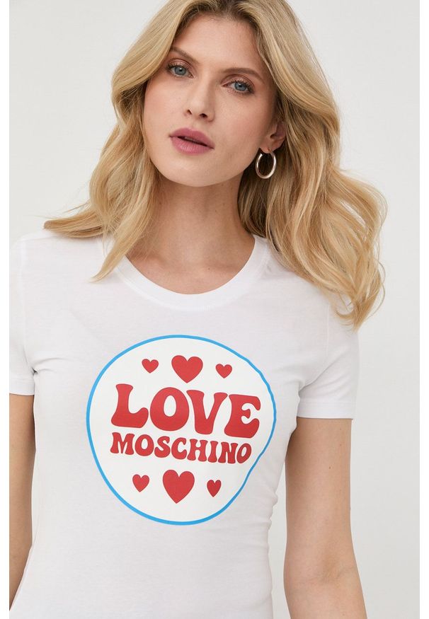 Love Moschino t-shirt damski kolor biały. Kolor: biały. Wzór: nadruk