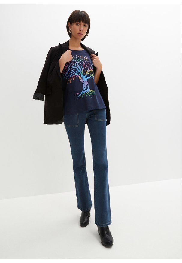 bonprix - T-shirt z nadrukiem, bawełna organiczna. Kolor: niebieski. Materiał: bawełna. Wzór: nadruk